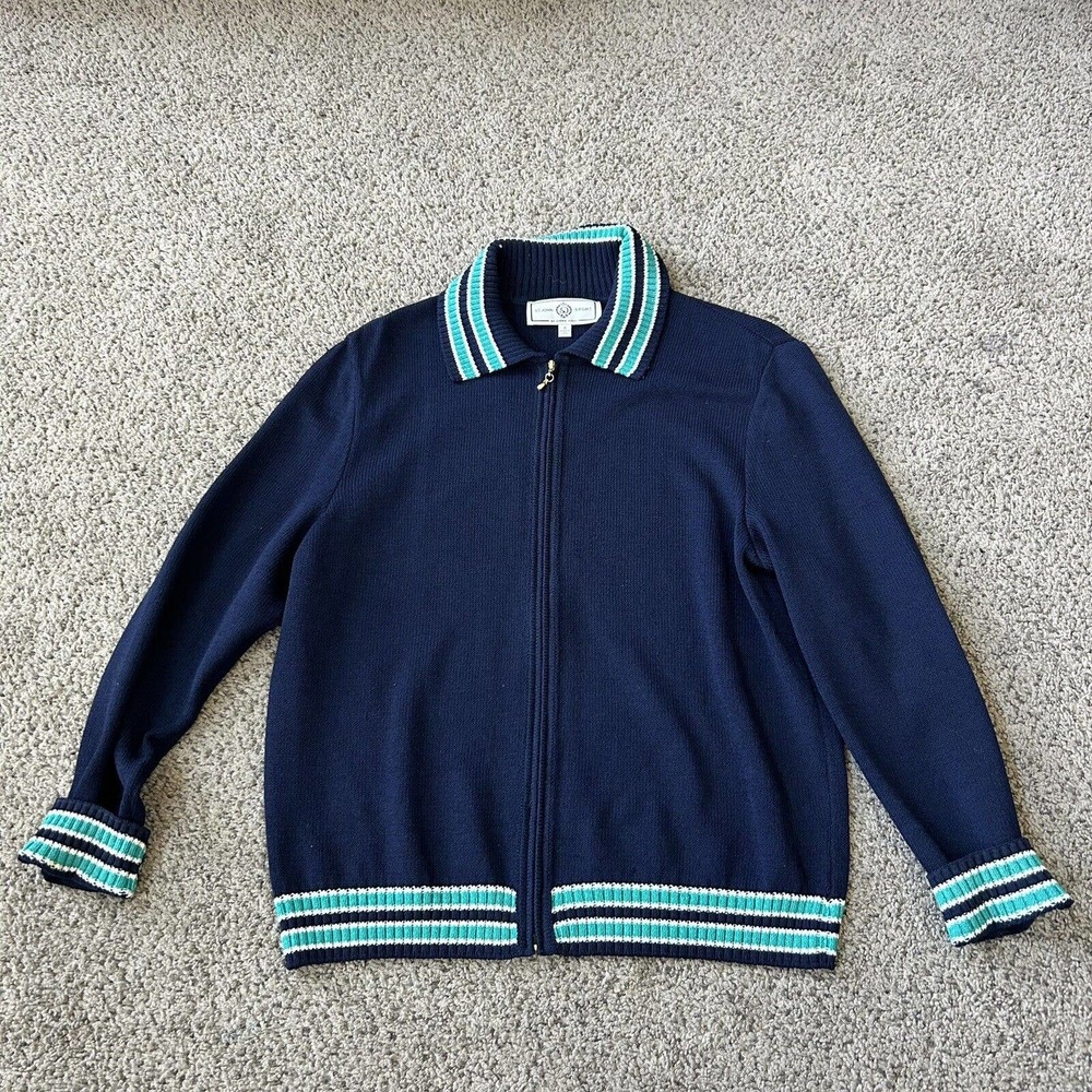 St John M navy knit Zip Cardigan Sweater